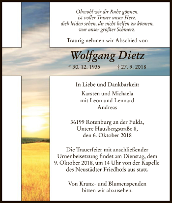 Traueranzeige von Wolfgang Dietz von HNA