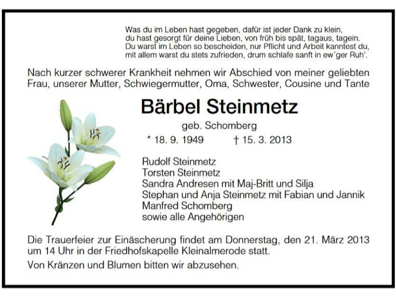  Traueranzeige für Bärbel Steinmetz vom 20.03.2013 aus HNA