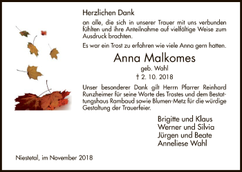 Traueranzeige von Anna Malkomes von HNA