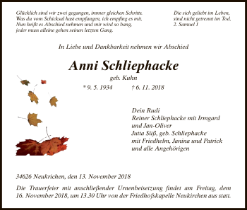Traueranzeige von Anni Schliephacke von HNA