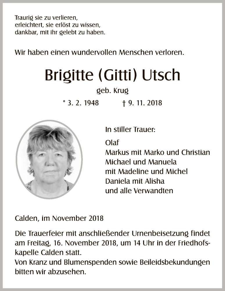  Traueranzeige für Brigitte Utsch vom 14.11.2018 aus HNA