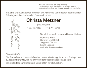 Traueranzeige von Christa Metzner von HNA