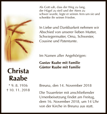 Traueranzeige von Christa Raabe von HNA