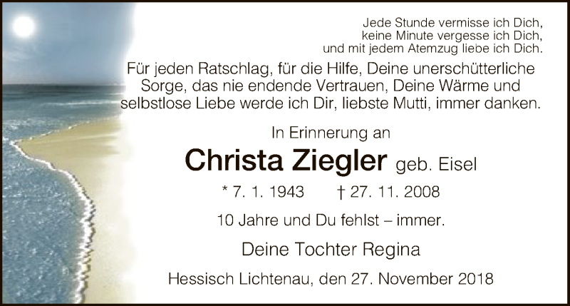  Traueranzeige für Christa Ziegler vom 27.11.2018 aus HNA