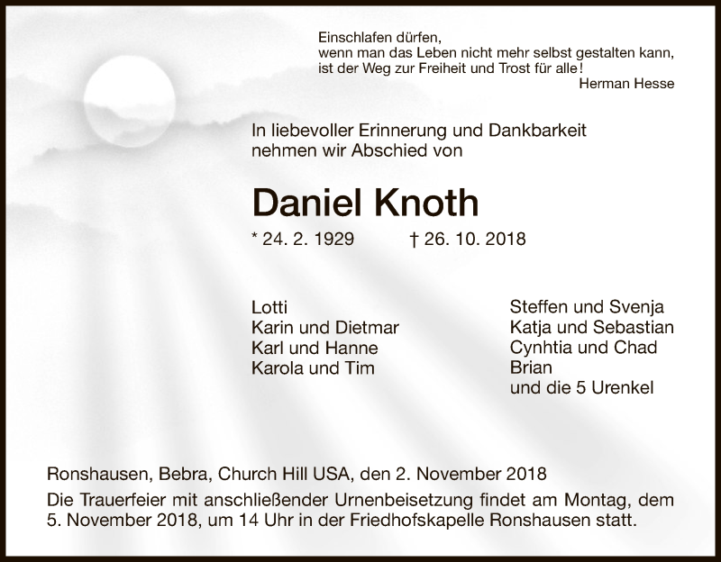  Traueranzeige für Daniel Knoth vom 02.11.2018 aus HNA