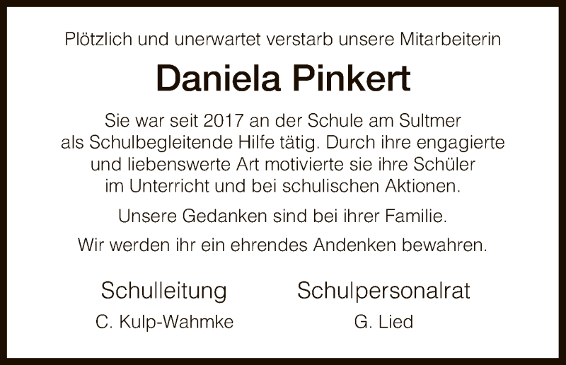  Traueranzeige für Daniela Pinkert vom 17.11.2018 aus HNA