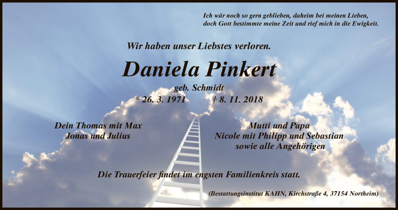  Traueranzeige für Daniela Pinkert vom 15.11.2018 aus HNA