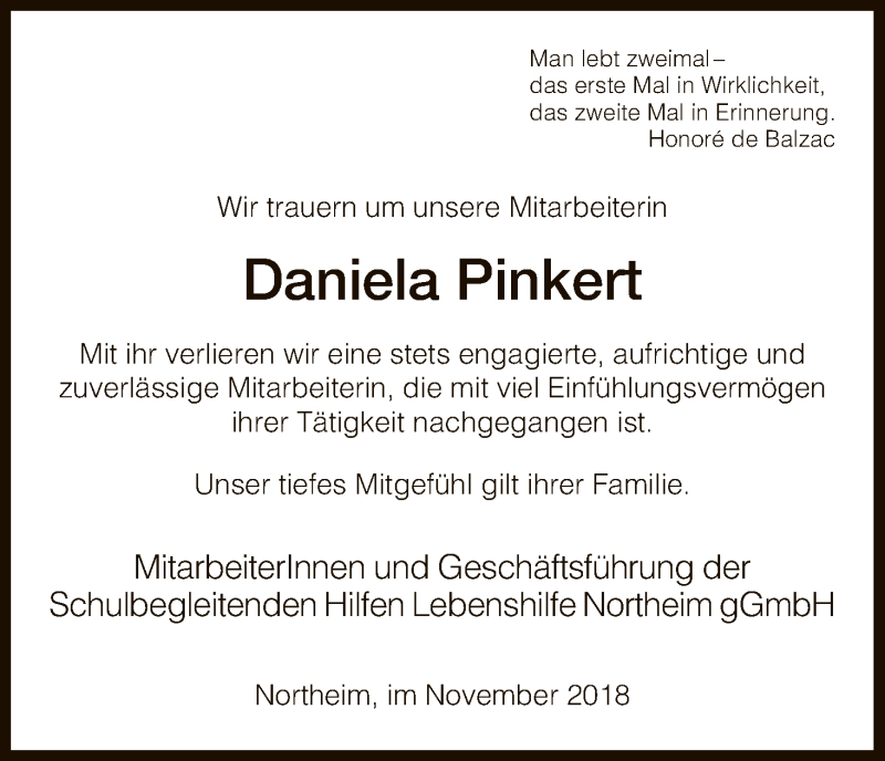 Traueranzeige für Daniela Pinkert vom 17.11.2018 aus HNA