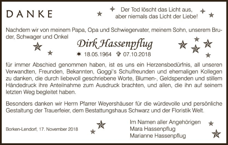  Traueranzeige für Dirk Hassenpflug vom 17.11.2018 aus HNA