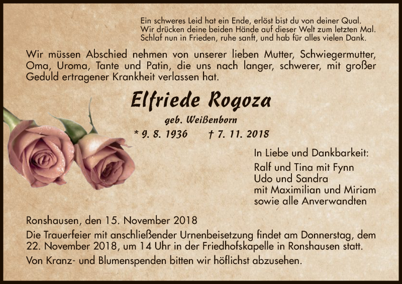  Traueranzeige für Elfriede Rogoza vom 15.11.2018 aus HNA