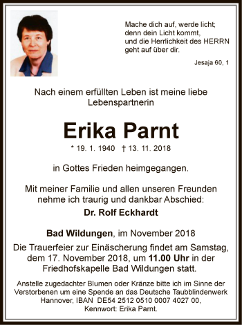 Traueranzeige von Erika Parnt von HNA