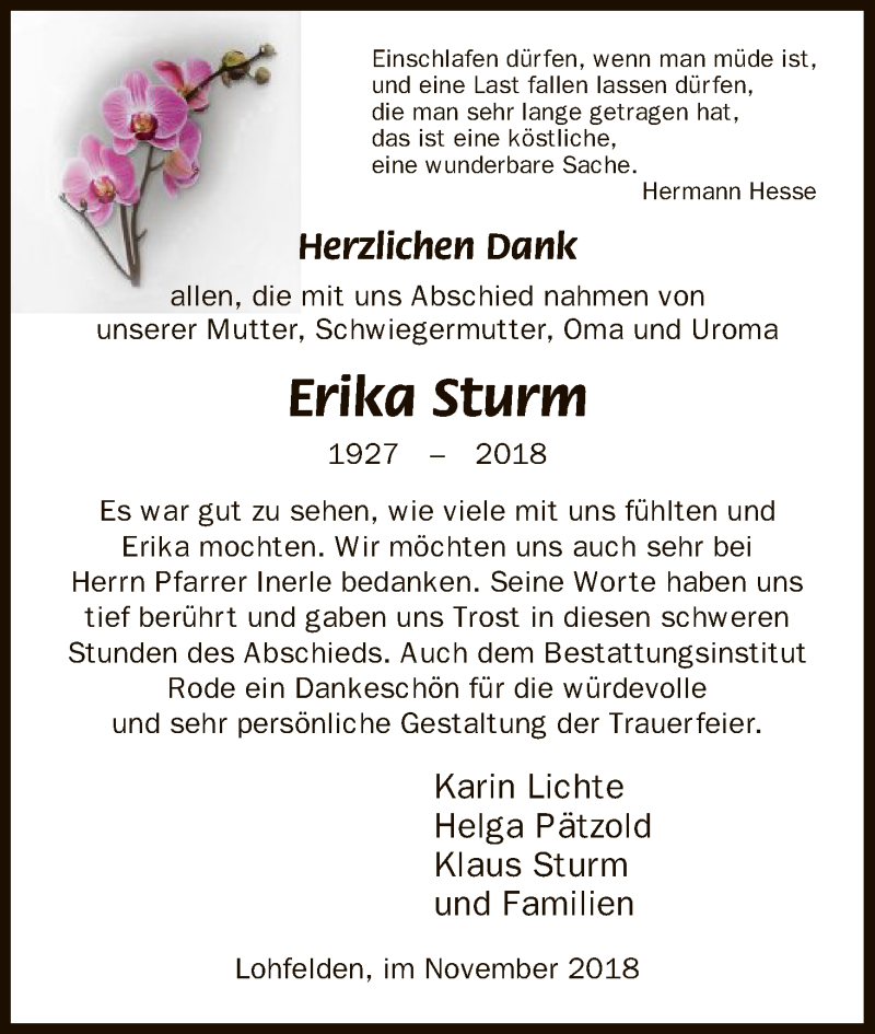 Traueranzeigen Von Erika Sturm Trauer Hna De