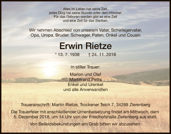 Traueranzeige von Erwin Rietze von HNA
