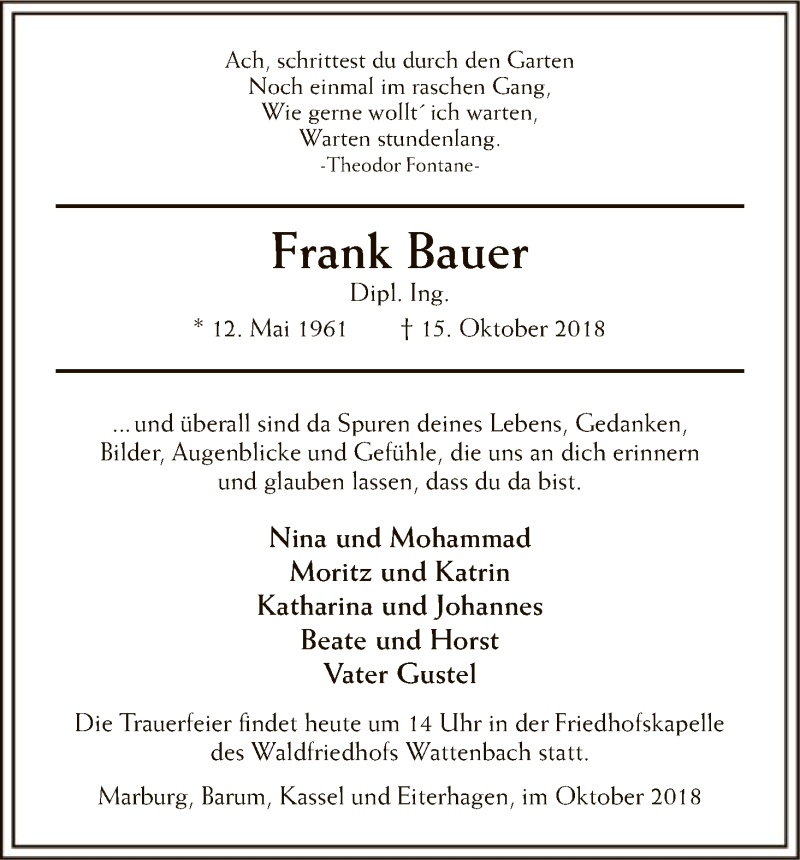  Traueranzeige für Frank Bauer vom 02.11.2018 aus HNA