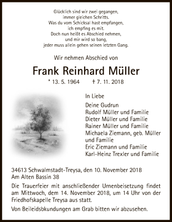 Traueranzeige von Frank Reinhard Müller von HNA