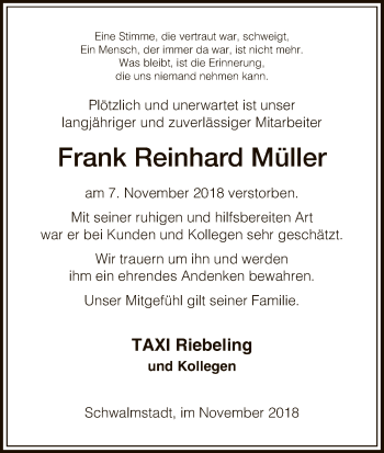 Traueranzeige von Frank Reinhard Müller von HNA