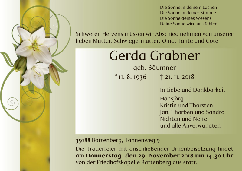 Traueranzeigen Von Gerda Grabner | Trauer.HNA.de