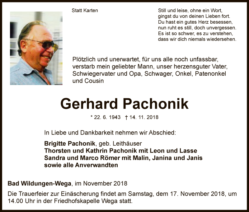  Traueranzeige für Gerhard Pachonik vom 15.11.2018 aus HNA