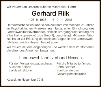 Traueranzeige von Gerhard Rilk von HNA