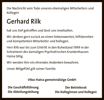 Traueranzeige von Gerhard Rilk von HNA