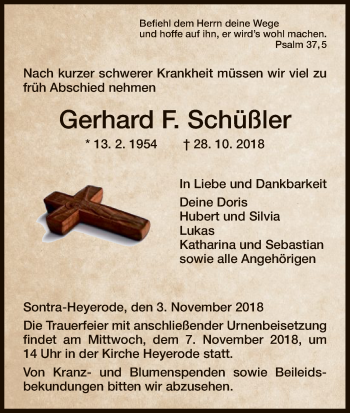 Traueranzeige von Gerhard F.  Schüßler von HNA