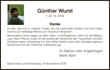 Traueranzeige von Günther Wurst von HNA