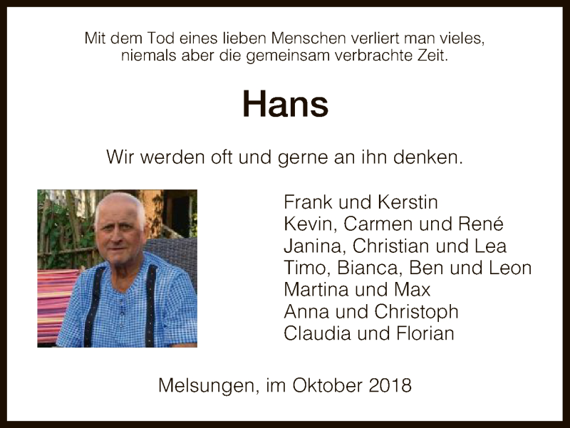  Traueranzeige für Hans  vom 01.11.2018 aus HNA