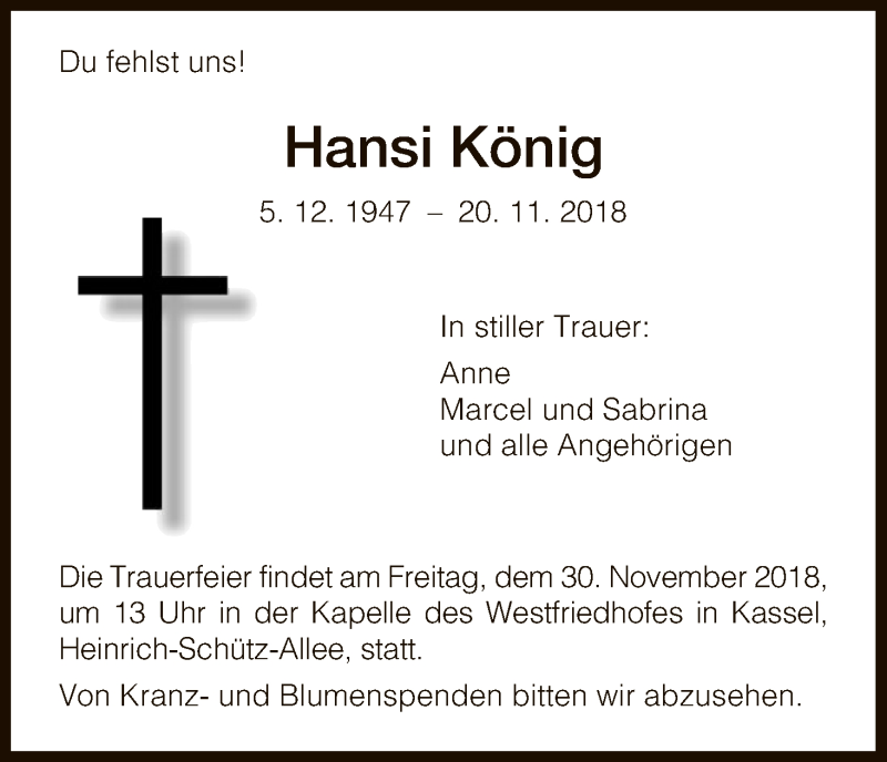  Traueranzeige für Hansi König vom 24.11.2018 aus HNA