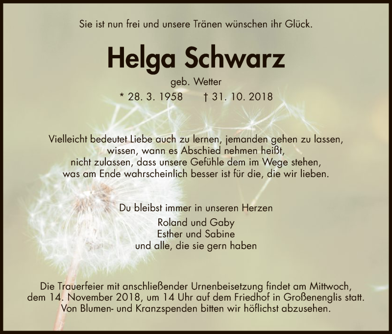  Traueranzeige für Helga Schwarz vom 10.11.2018 aus HNA