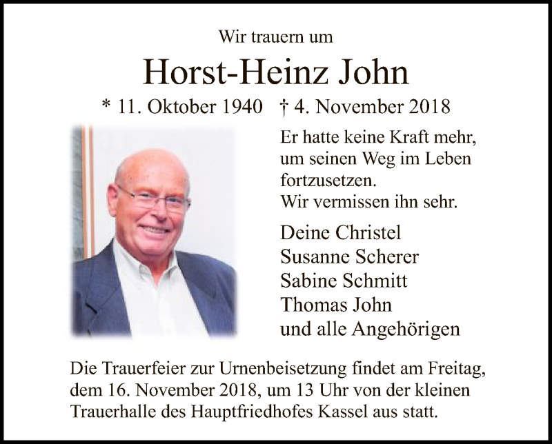  Traueranzeige für Horst-Heinz John vom 14.11.2018 aus HNA