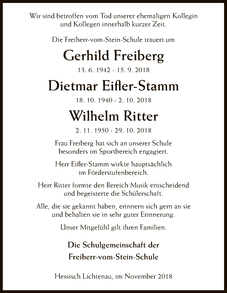  Traueranzeige für Im Gedenken Freiherr-vom-Stein-Schule vom 21.11.2018 aus HNA