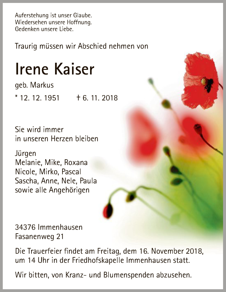  Traueranzeige für Irene Kaiser vom 13.11.2018 aus HNA