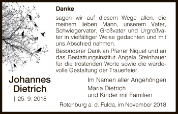 Traueranzeige von Johannes Dietrich von HNA