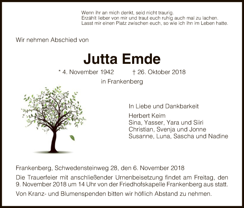  Traueranzeige für Jutta Emde vom 06.11.2018 aus HNA