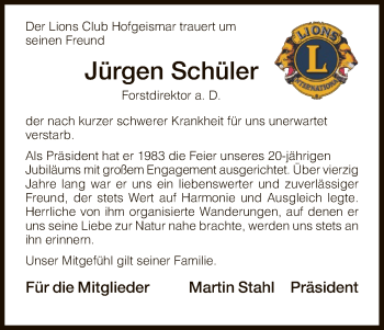 Traueranzeige von Jürgen Schüler von HNA