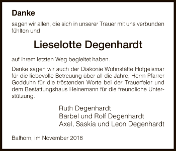 Traueranzeige von Lieselotte Degenhardt von HNA