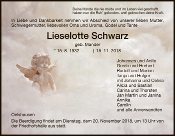 Traueranzeige von Lieselotte Schwarz von HNA