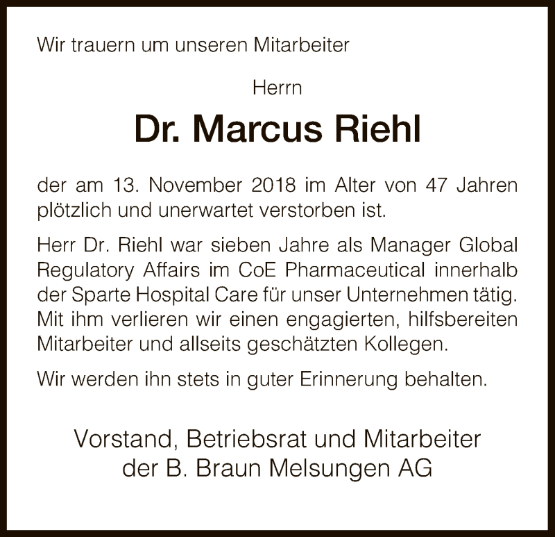  Traueranzeige für Marcus Riehl vom 20.11.2018 aus HNA