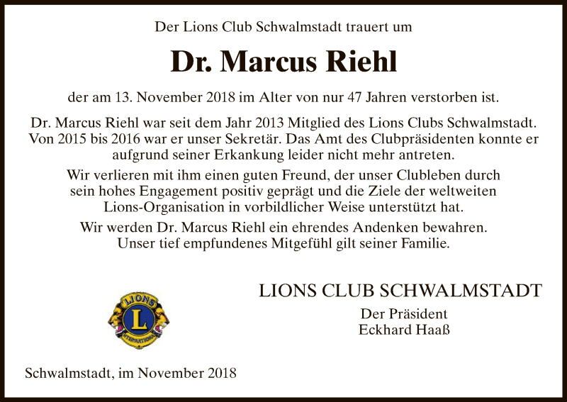 Traueranzeige für Marcus Riehl vom 16.11.2018 aus HNA