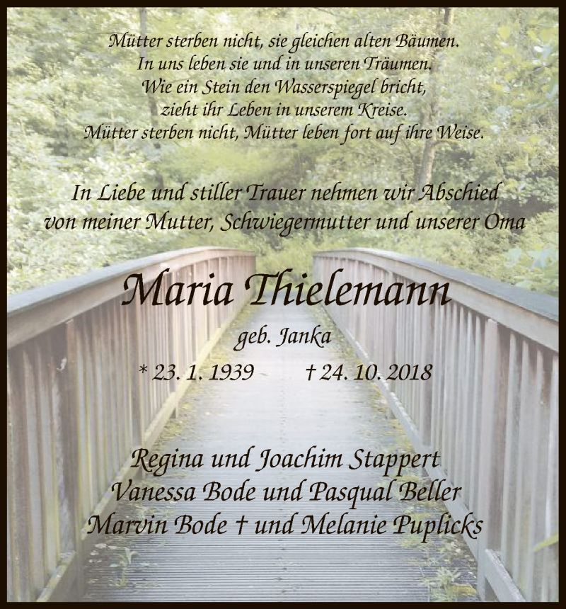  Traueranzeige für Maria Thielemann vom 03.11.2018 aus HNA