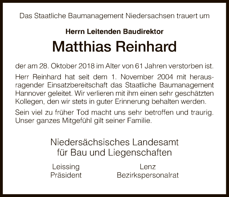  Traueranzeige für Matthias Reinhard vom 10.11.2018 aus HNA
