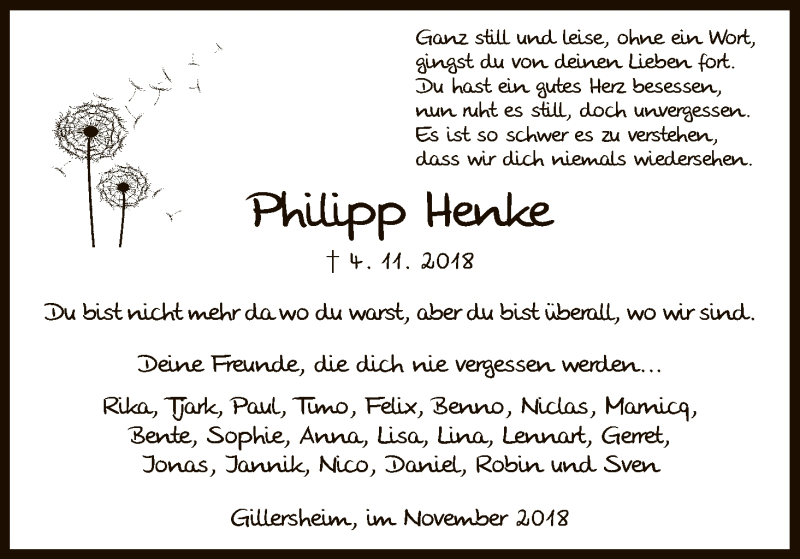  Traueranzeige für Philipp Henke vom 17.11.2018 aus HNA
