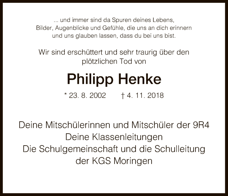  Traueranzeige für Philipp Henke vom 15.11.2018 aus HNA