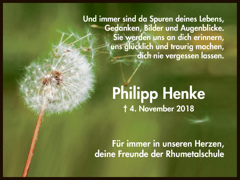 Traueranzeige für Philipp Henke vom 14.11.2018 aus HNA