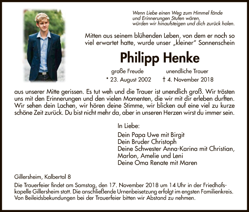  Traueranzeige für Philipp Henke vom 13.11.2018 aus HNA