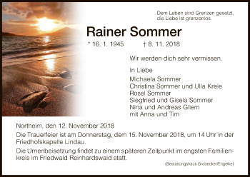 Traueranzeige von Rainer Sommer von HNA