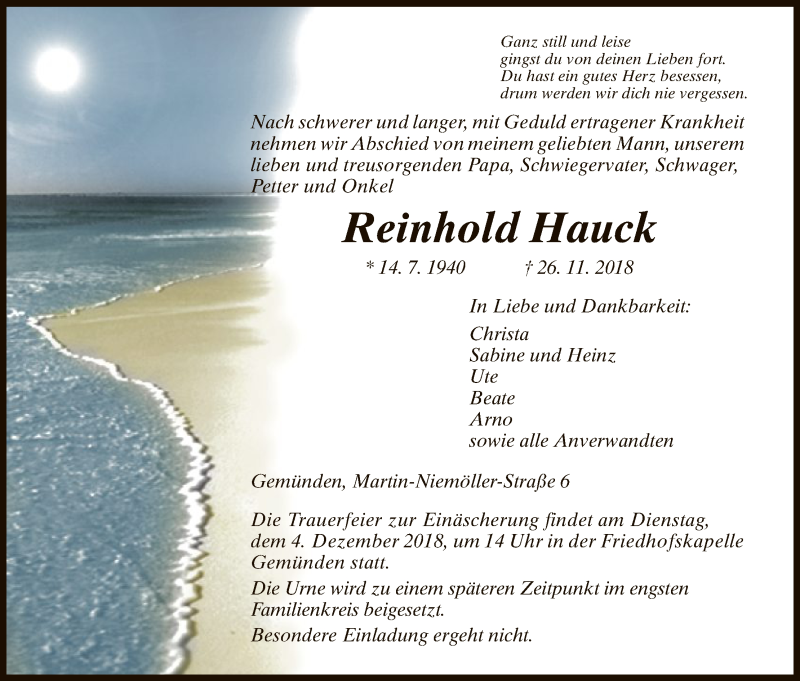  Traueranzeige für Reinhold Hauck vom 30.11.2018 aus HNA
