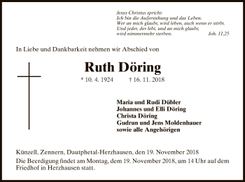 Traueranzeige von Ruth Döring von HNA