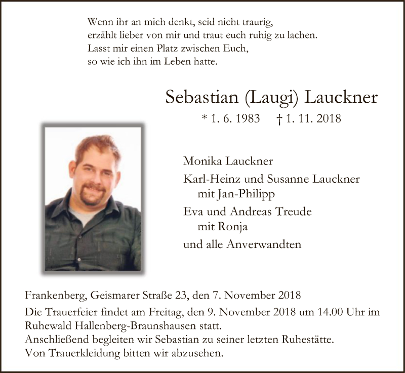  Traueranzeige für Sebastian Lauckner vom 07.11.2018 aus HNA