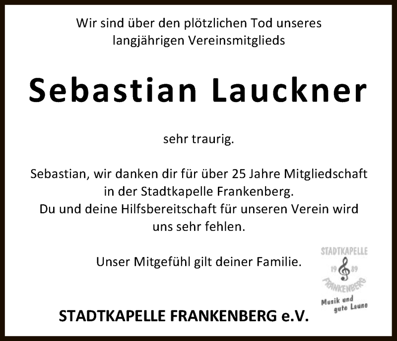  Traueranzeige für Sebastian Lauckner vom 09.11.2018 aus HNA